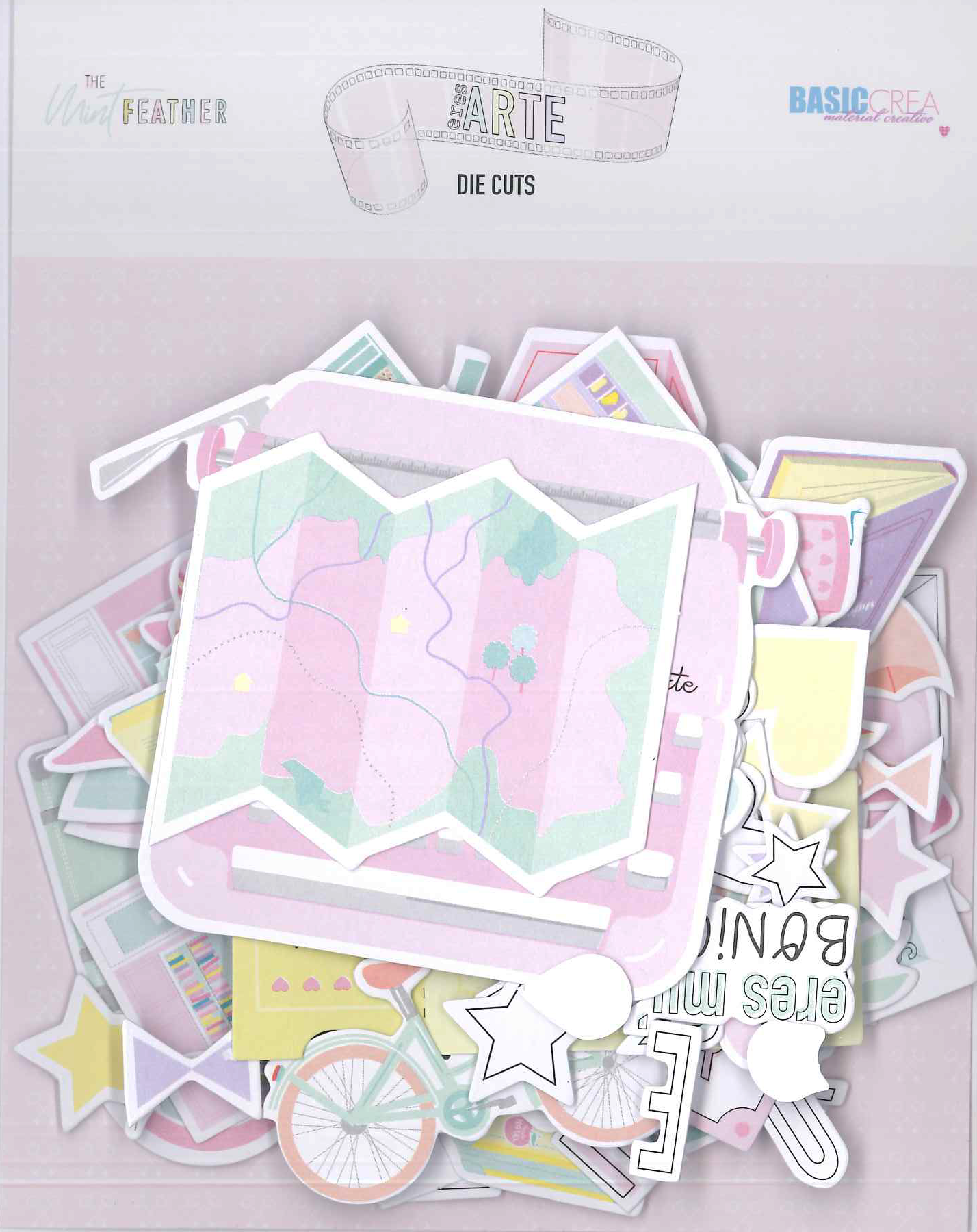 Pacote com recortes de papel coloridos em tons pastel com vários desenhos, dentro de embalagem plástica.