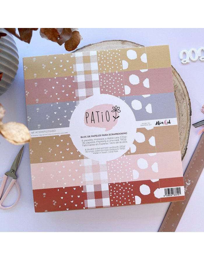 Bloco de papéis para scrapbooking com estampas em tons pastel e terra com padrões variados