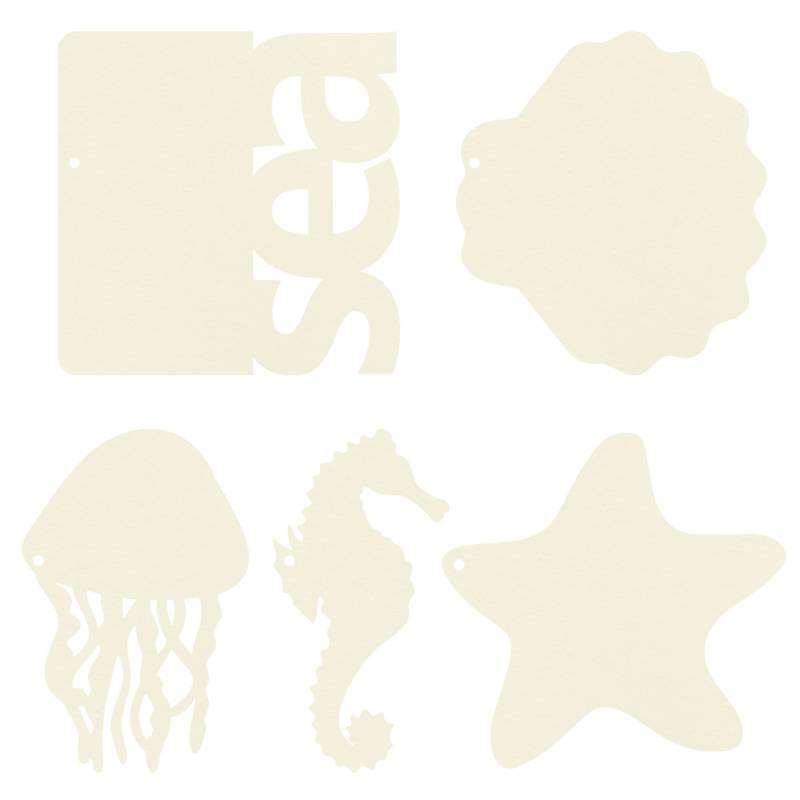 Autocolantes creme com desenhos de estrela-do-mar, água-viva, cavalo-marinho, forma ondulada e a palavra 'sea'