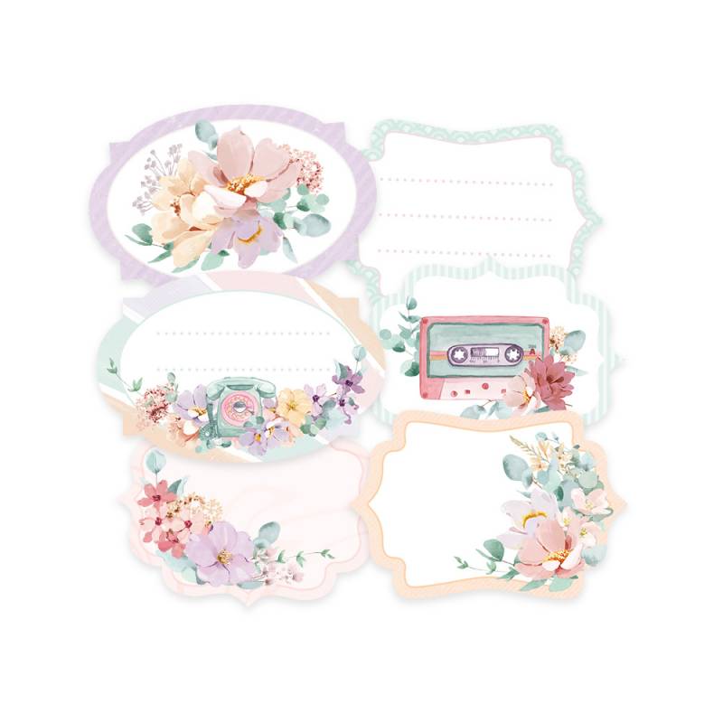 Etiquetas decorativas com flores e imagens vintage em cores pastel