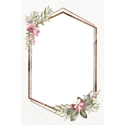 Moldura hexagonal dourada com flores rosa e folhas verdes