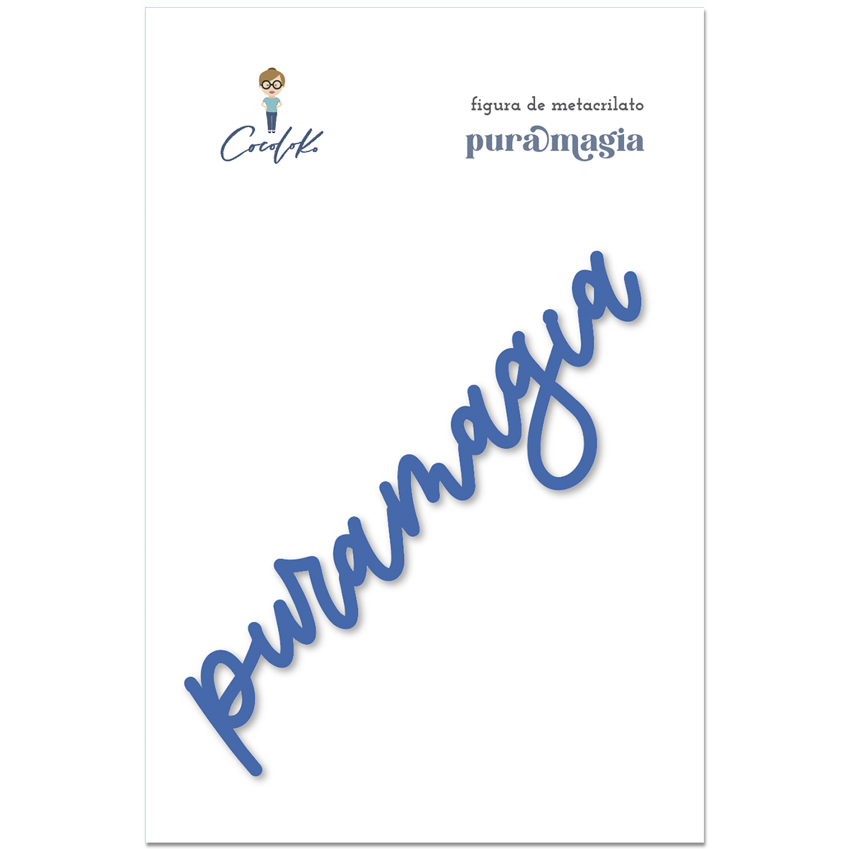 Palavra puramagia em azul manuscrita em fundo branco com texto e logotipo