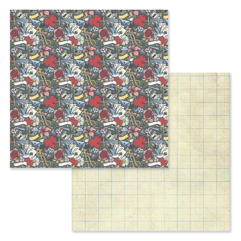 Papel decorativo com padronagem de cartas, rosas e estrelas em um lado e padrão quadriculado no outro