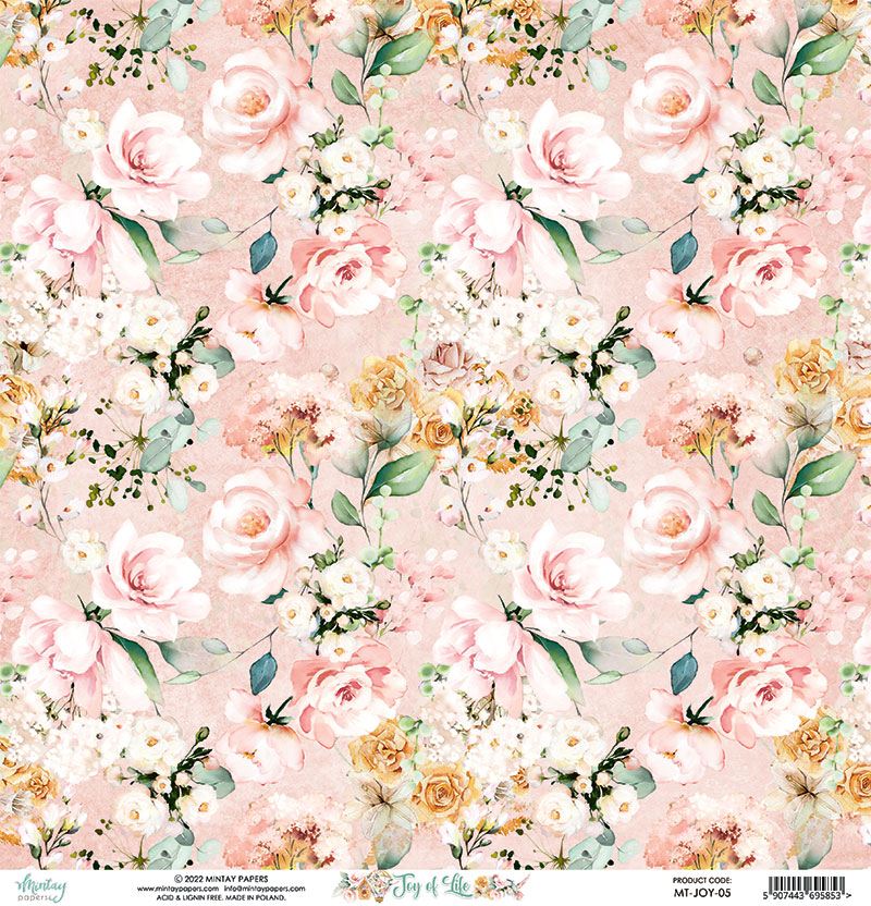 Papel decorativo floral rosa com rosas e folhas verdes e texto Joy of Life Collection