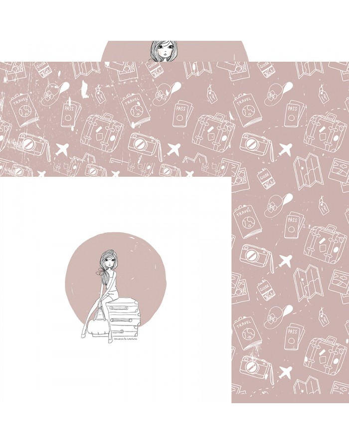 Papel de parede e embrulho com desenhos de viagem em branco sobre fundo rosa