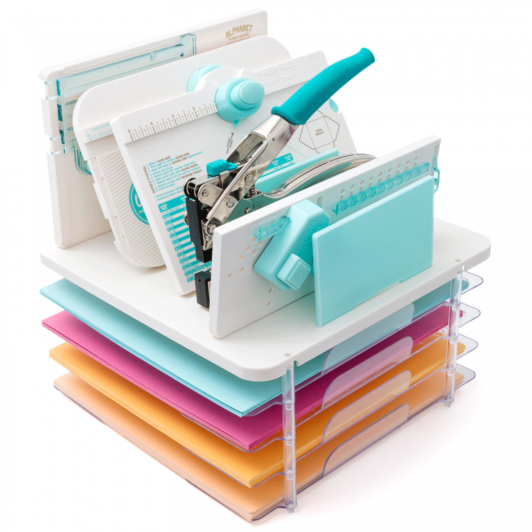 Organizador de escritório com ferramentas de papelaria e divisórias coloridas em acrílico