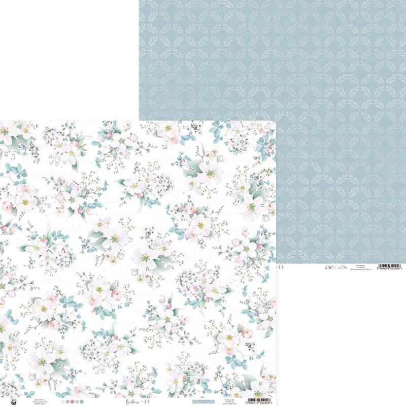 Papel scrapbook dupla face com padrão floral e padrão repetitivo azul e branco