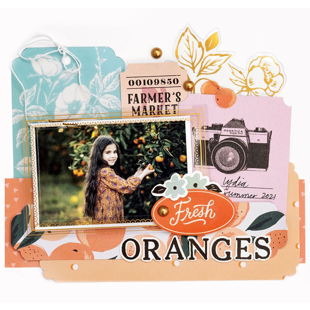 Colagem temática de fotografia e grafismos com laranjas e texto