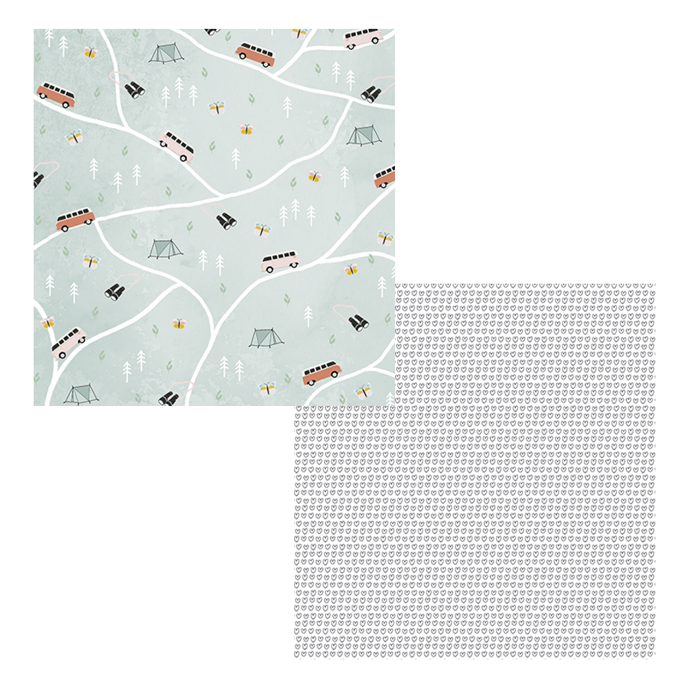 Dois tecidos com padrões distintos, um com motivos de campismo e outro com padrão repetitivo de círculos.