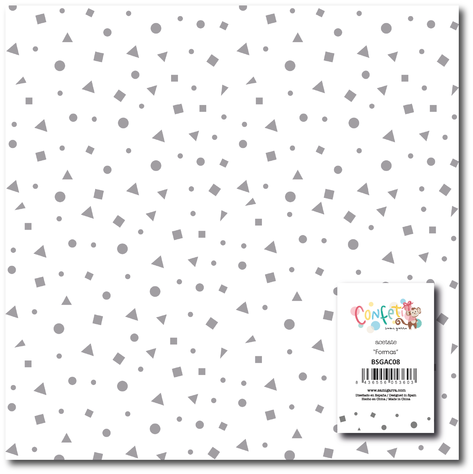 Papel de parede branco com padrões geométricos cinza e etiqueta colorida