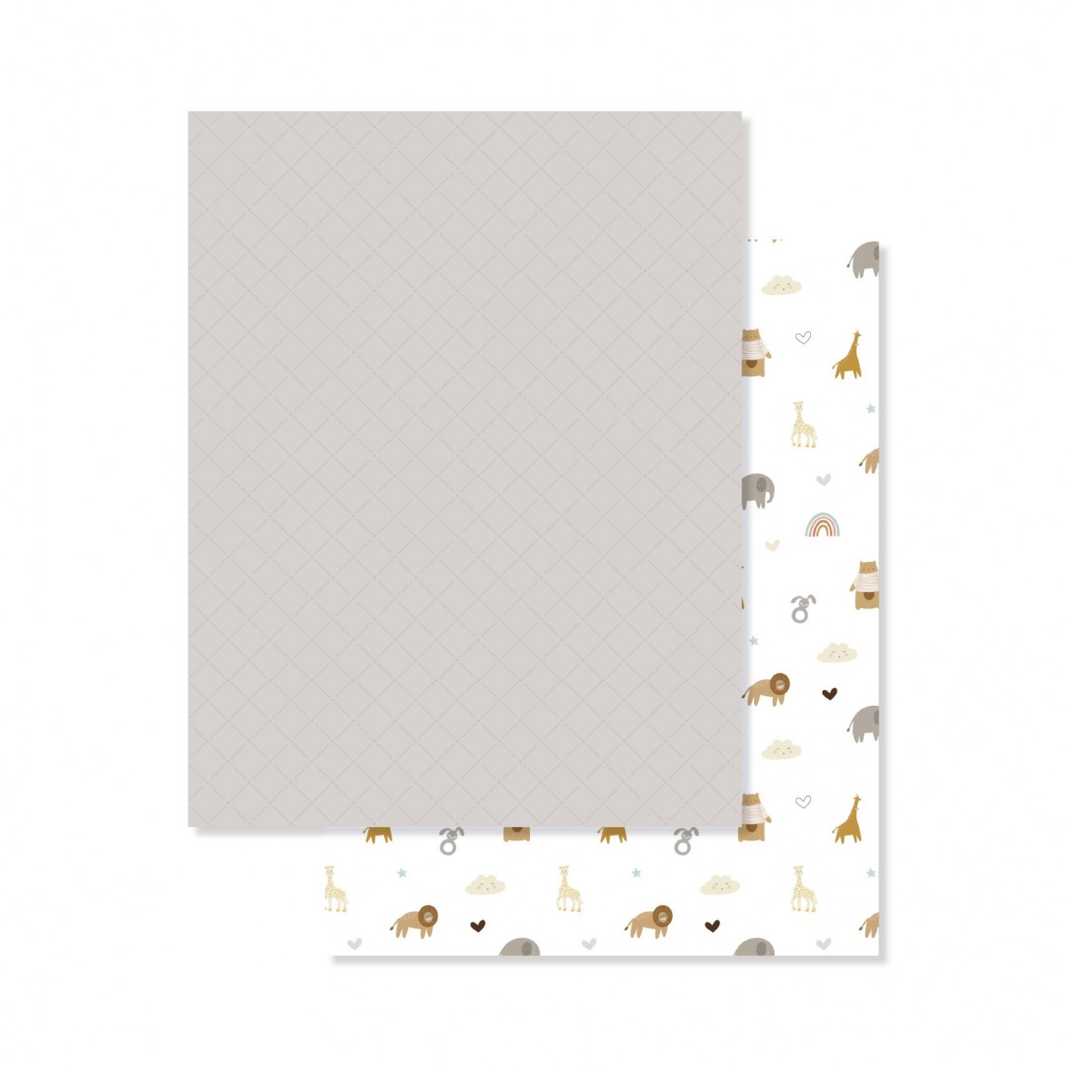 Duas mantas para bebé, uma cinzenta com linhas cruzadas e outra branca com padrão de animais.