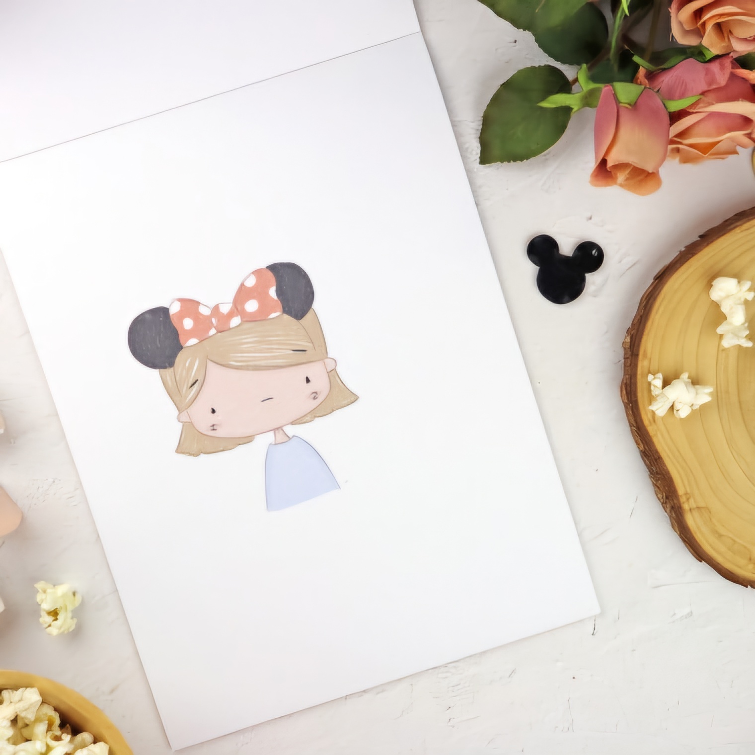 Caderno com ilustração de menina com orelhas de rato e laço cor-de-rosa