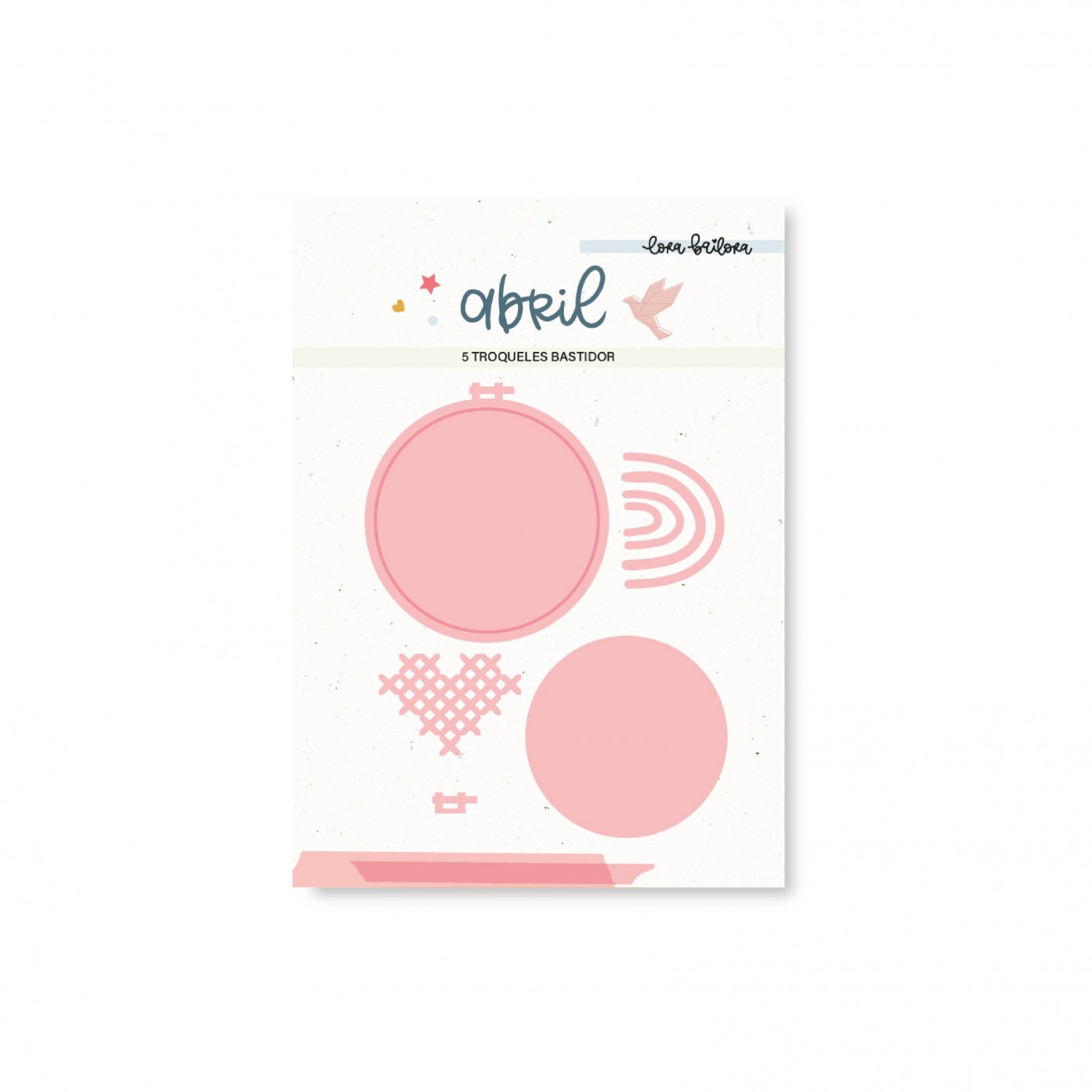 Conjunto de 6 troqueles de bastidor em papel rosa embalados numa folha branca com texto