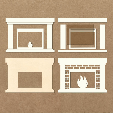 Quatro desenhos de lareiras em tons bege e branco sobre fundo castanho