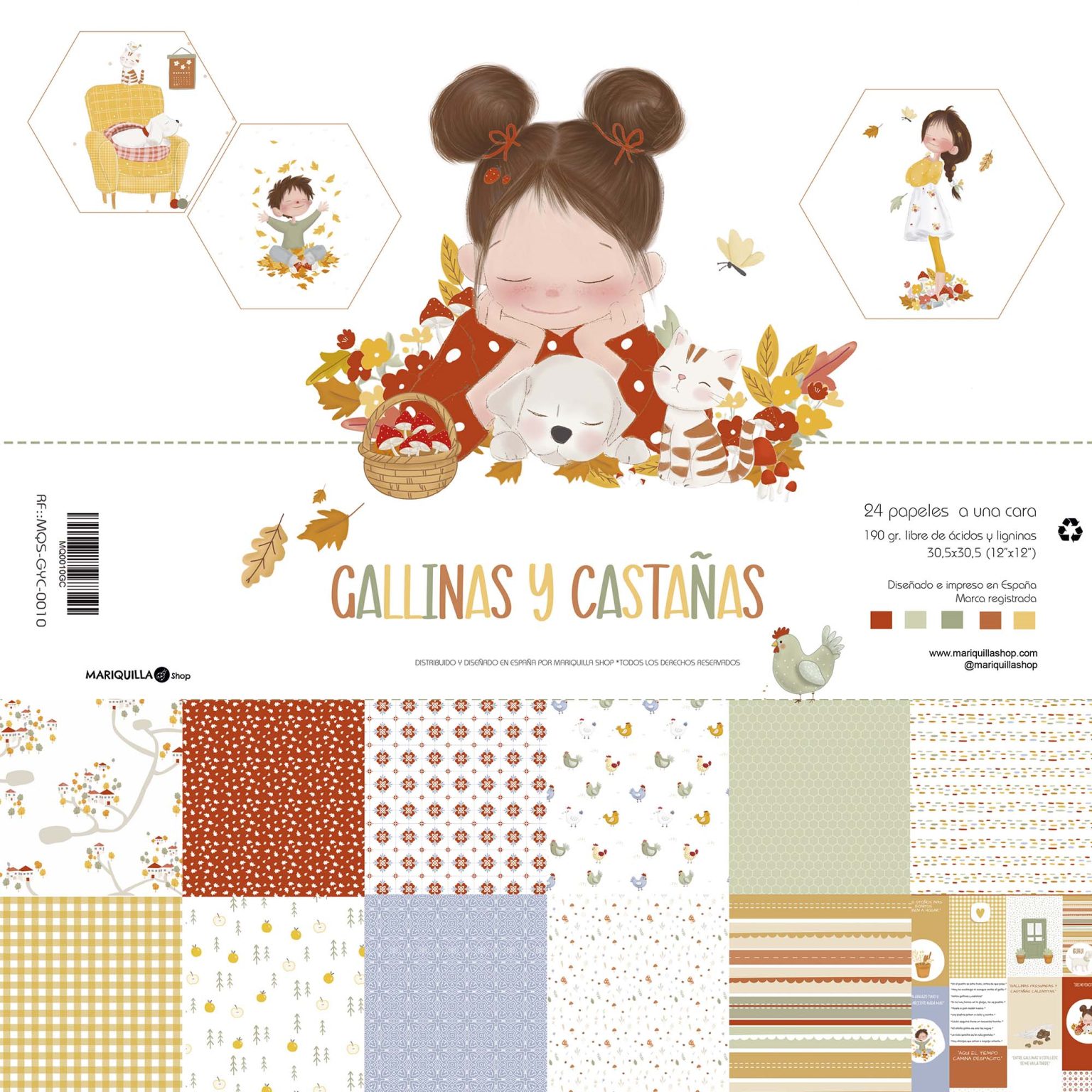 Papel decorativo com padrões de galinhas, castanhas e desenhos infantis.