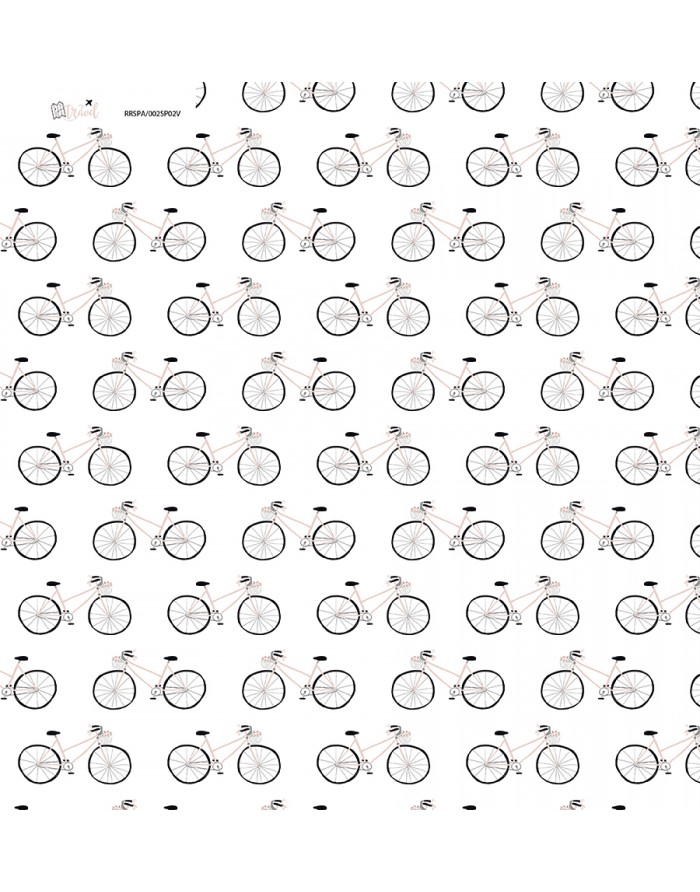 Padrão repetido de bicicletas brancas com rodas pretas e selins castanhos