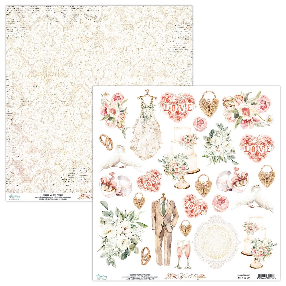 Folha dupla com desenhos de casamento e padrão rendado em bege e branco