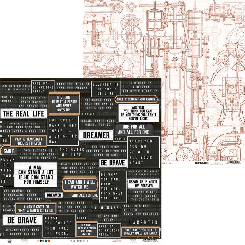 Papel de parede com textos motivacionais e desenho técnico industrial em duas secções.