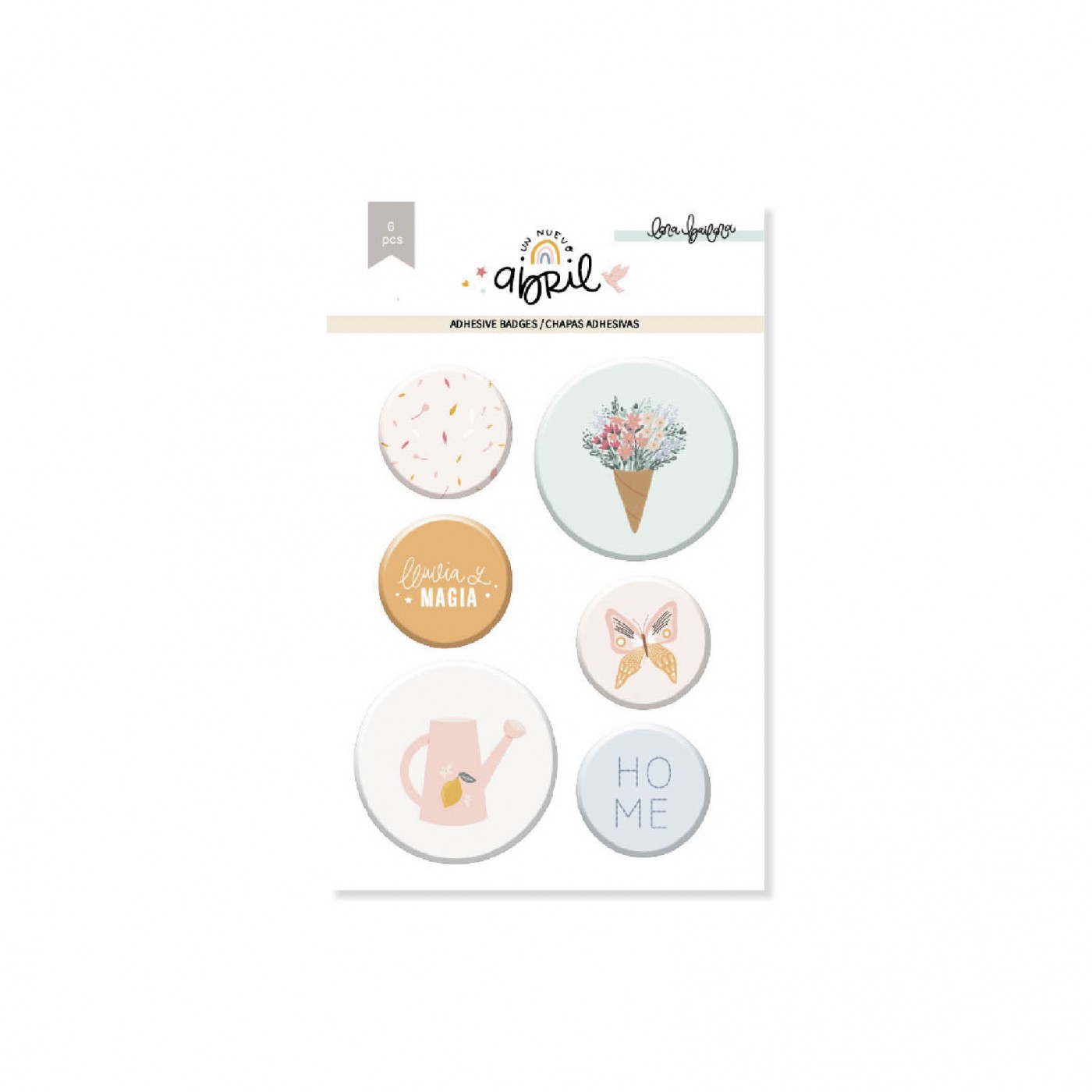 Conjunto de seis adesivos redondos decorativos em cartão branco