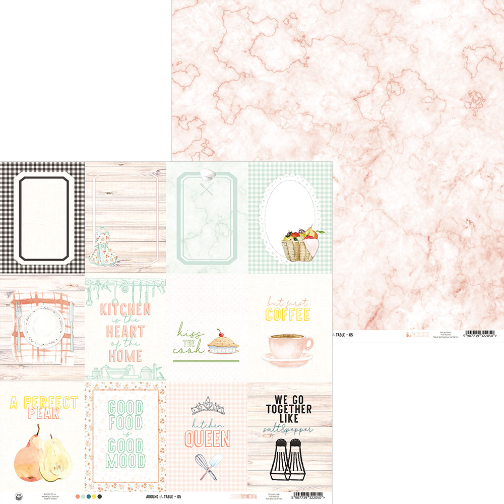 Folhas decorativas variadas com temas de cozinha e textos em inglês.