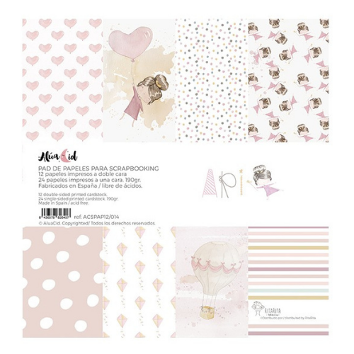 Pad de papéis para scrapbooking com vários desenhos em tons pastel com corações, bolas, e listras.