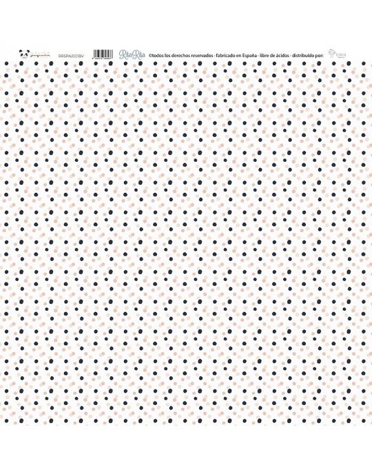 Papel decorativo com padrão de bolinhas pretas e azuis sobre fundo branco