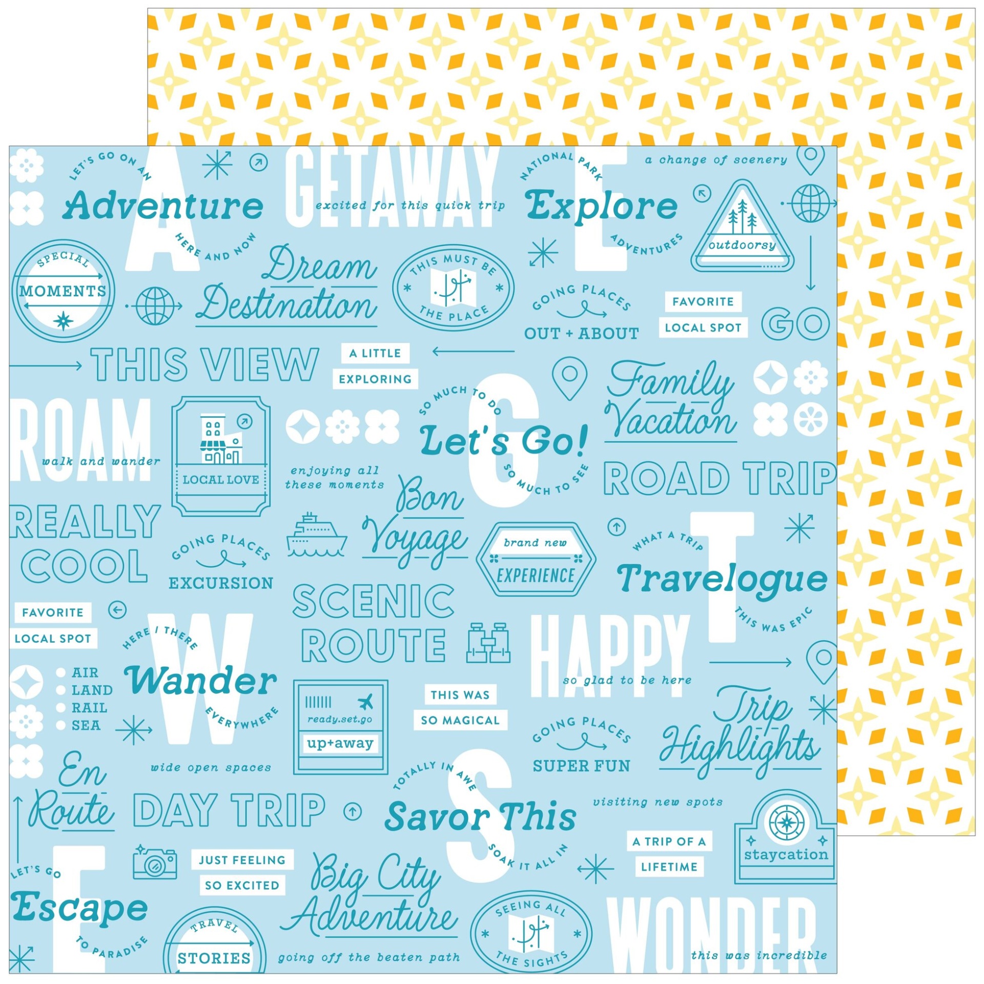 Papel decorativo com padrões de viagem em azul e padrão geométrico amarelo