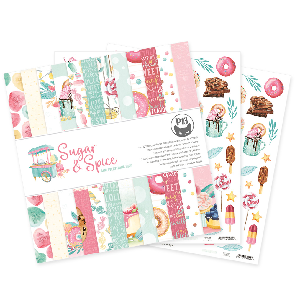 Papel decorativo com estampas de doces e textos em inglês