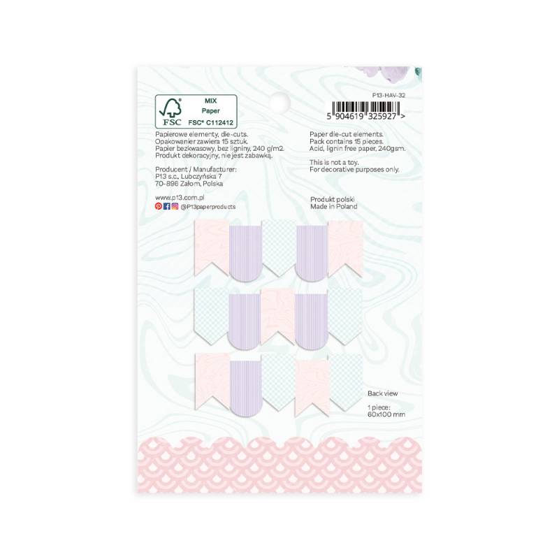 Conjunto de flags decorativas em papel em embalagem com padrões pastel e informações impressas