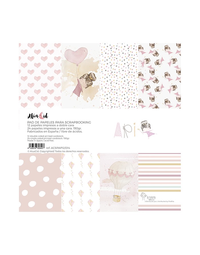 Papéis para scrapbooking com vários padrões em tons pastel, incluindo corações, balões, bonecas e riscas.