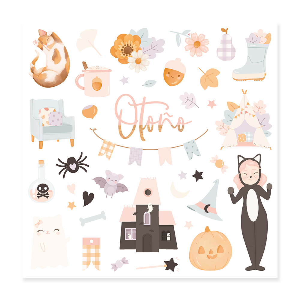 Ilustrações outonais coloridas com gato, flores, abóbora, cadeira e criança vestida de gato