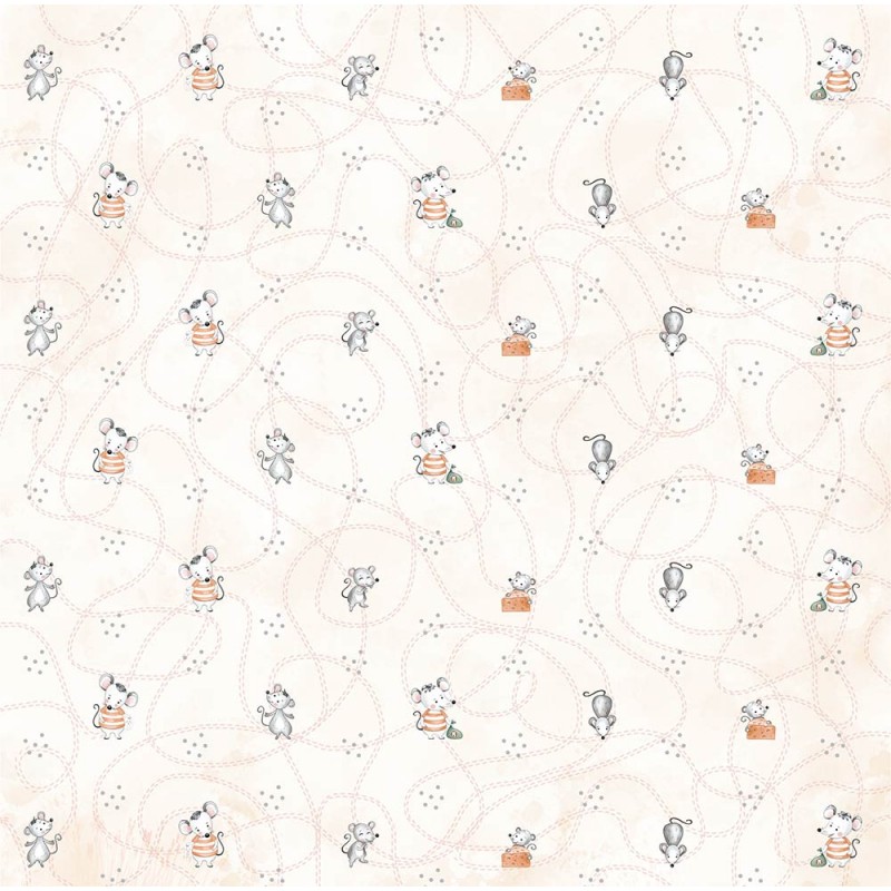 Tecido bege claro com estampado de ratinhos cinza e laranja e linhas tracejadas
