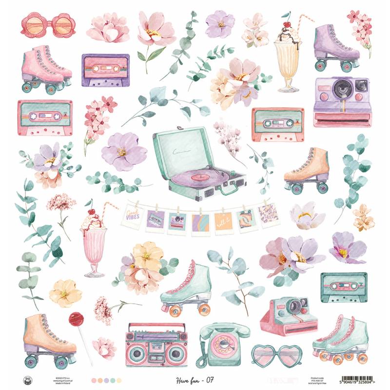 Ilustrações de patins, cassetes, câmaras, flores e copos de bebida em tons pastel