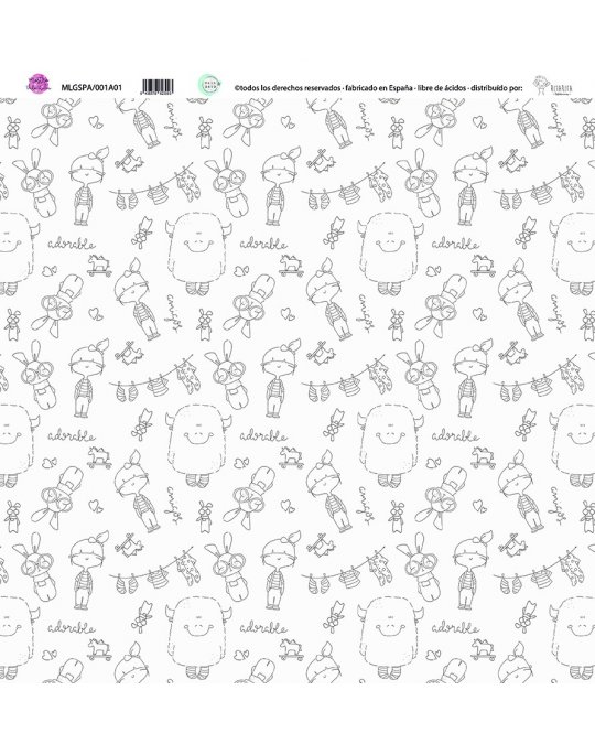 Papel de embrulho branco com desenhos a preto de animais e texto na borda superior