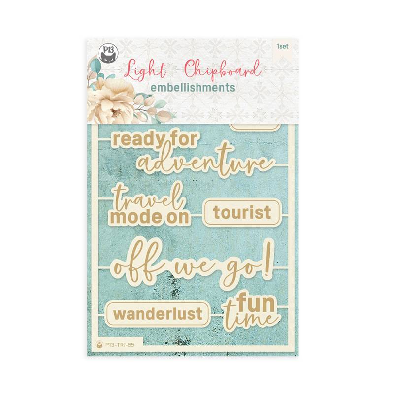 Embalagem de embellishments de chipboard com frases de viagem em castanho claro e azul.