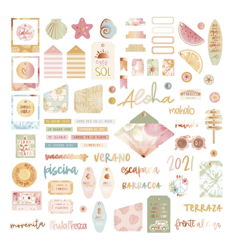 adesivos decorativos tropicais em tons pastel com frases e padrões veraneantes