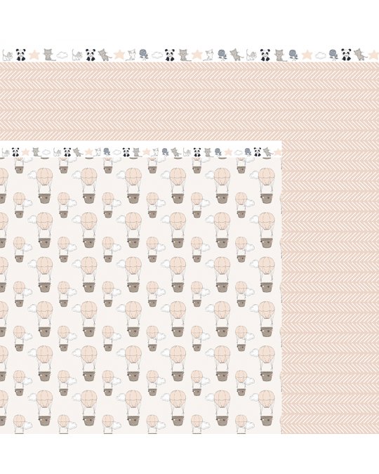 Tecido com padrão de balões de ar quente bege e castanho e detalhes de animais em preto e cinza