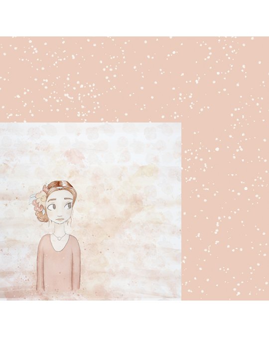 Ilustração de mulher em fundo rosa com bolinhas brancas