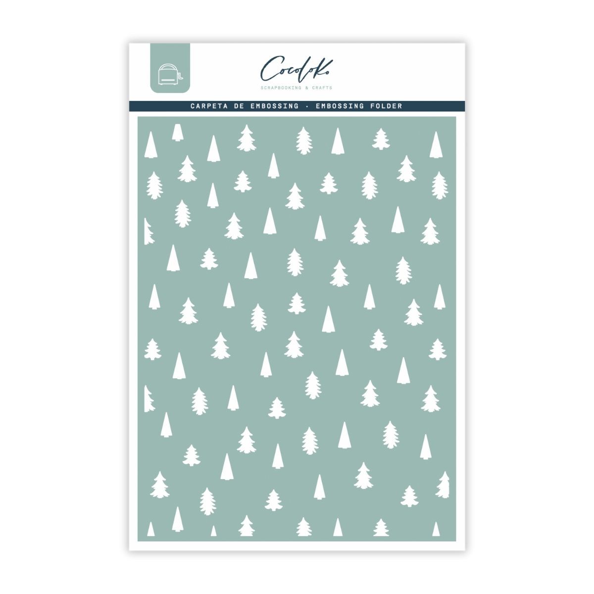 Pasta de embossing com padrão de árvores de Natal brancas em fundo azul esverdeado.