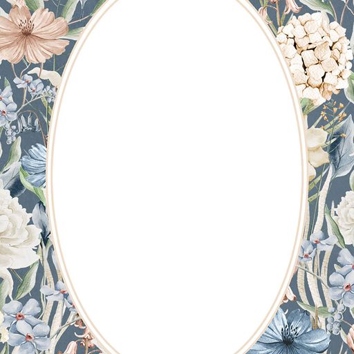 Moldura oval branca com padrão floral em fundo azul escuro