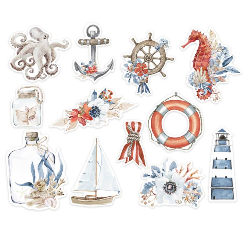 Adesivos decorativos temáticos marítimos com animais, flores, barco, e farol em tons suaves