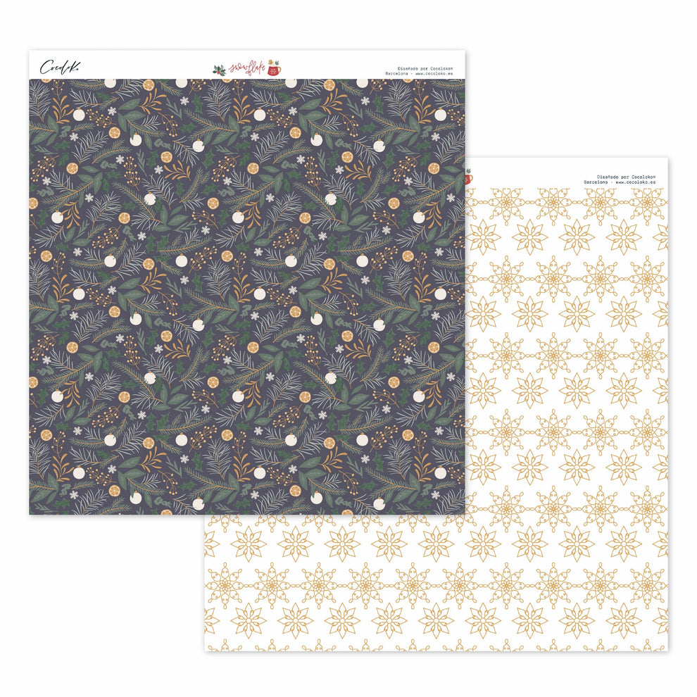 Papel decorativo dupla face com motivos de Natal, um lado escuro com ramos e bolinhas, outro branco com estrelas douradas.