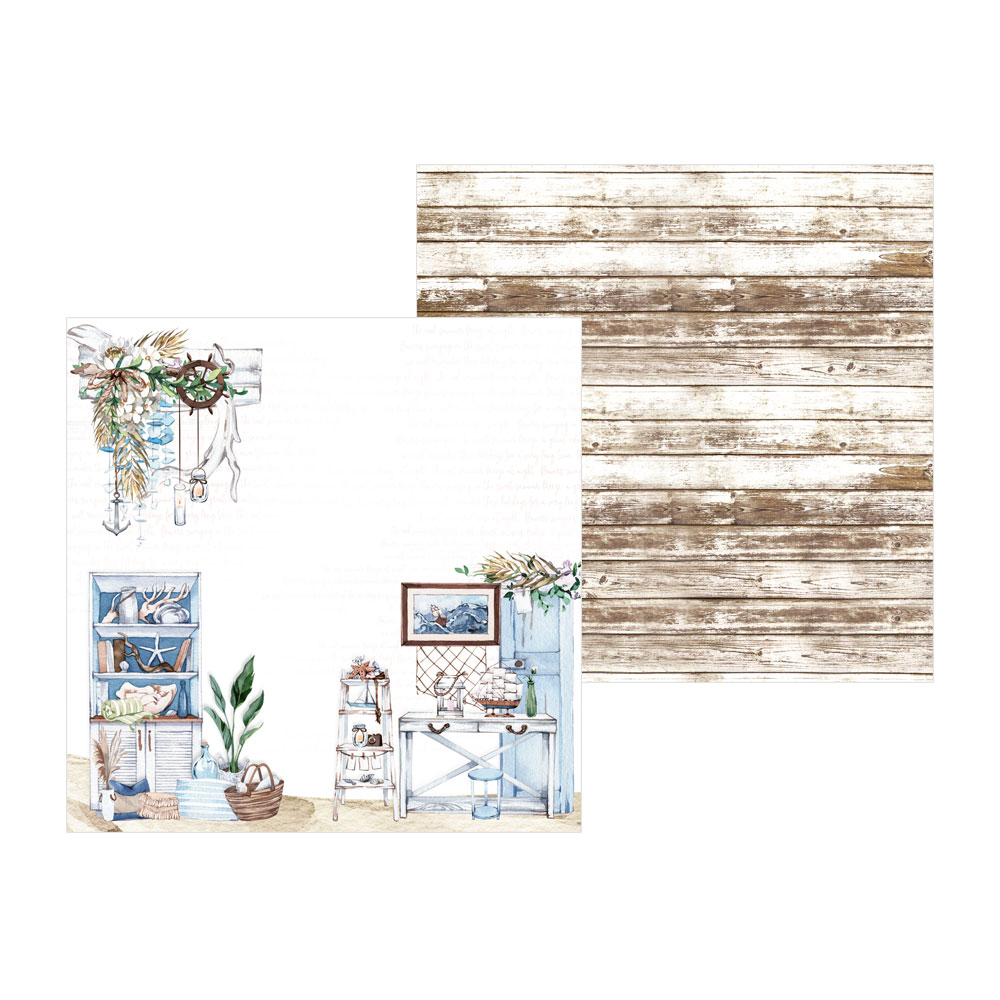 Folha dupla face de papel decorativo com padrão náutico e padrão de tábuas de madeira.