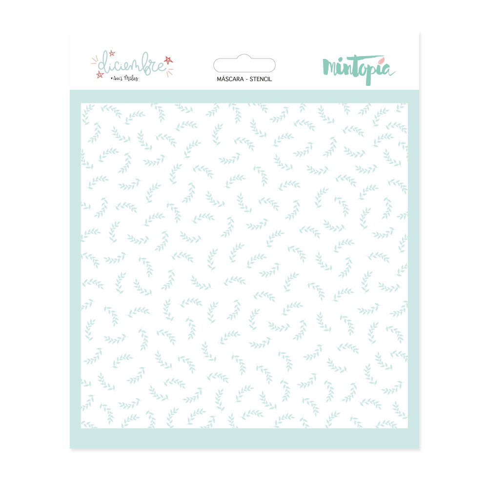 Máscara de stencil com padrão de raminhos verdes em embalagem branca e azul
