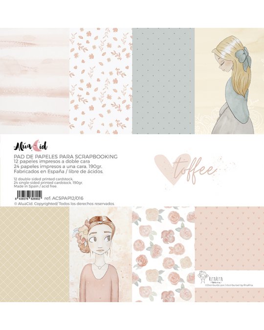 Conjunto de papéis para scrapbooking em várias cores e padrões suaves com ilustrações de raparigas e texto informativo