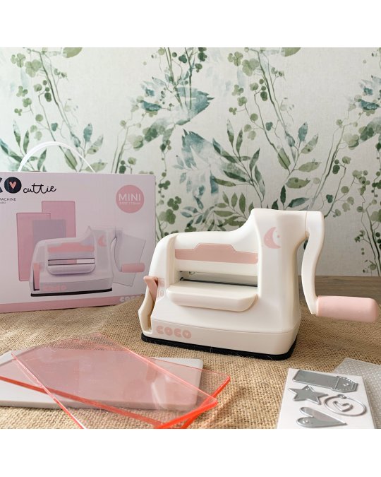 Máquina de corte manual mini rosa e branco com acessórios para artesanato