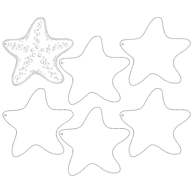 seis estrelas-do-mar desenhadas em branco e preto