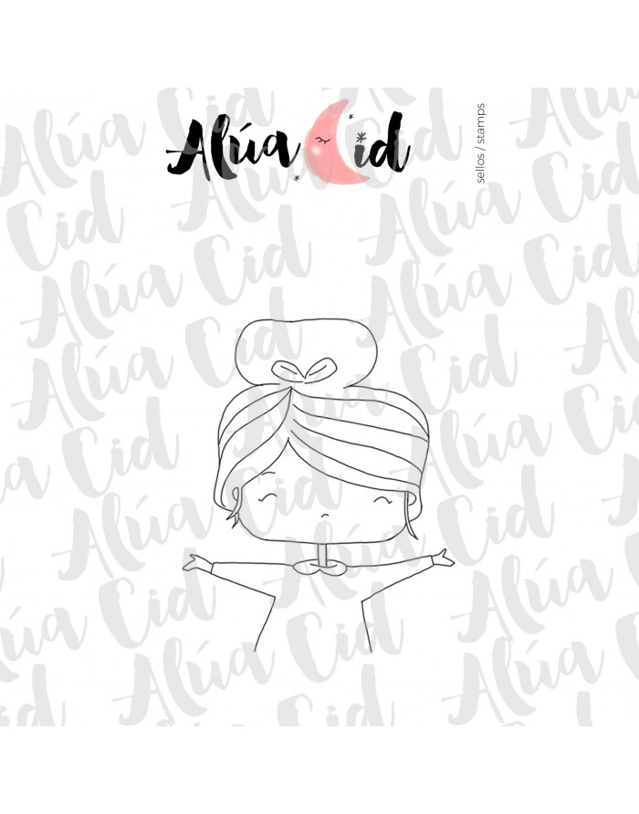 Selo preto e branco de rapariga com cabelo em coque e braços estendidos