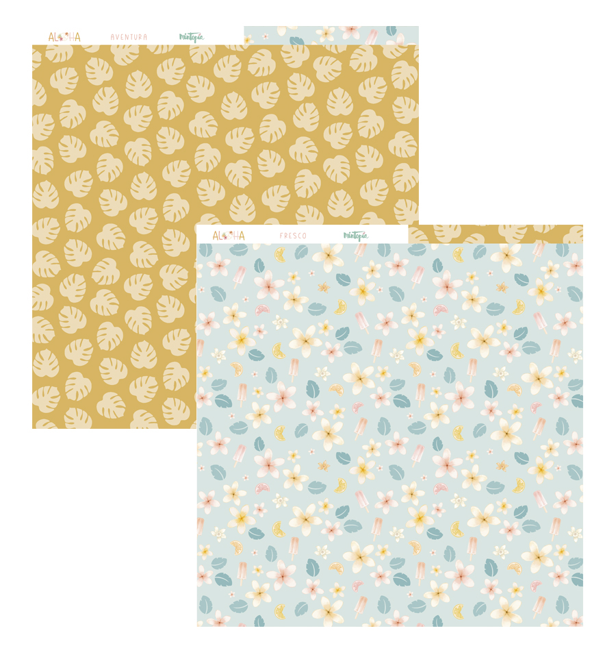 Papel de embrulho duplo lado com padrões florais e folhas em azul claro e castanho