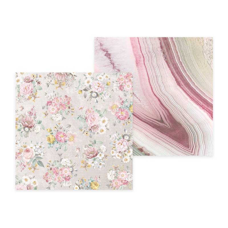 Dois quadros decorativos quadrados, um com padrão floral e outro com padrão abstrato em tons rosa e neutros.